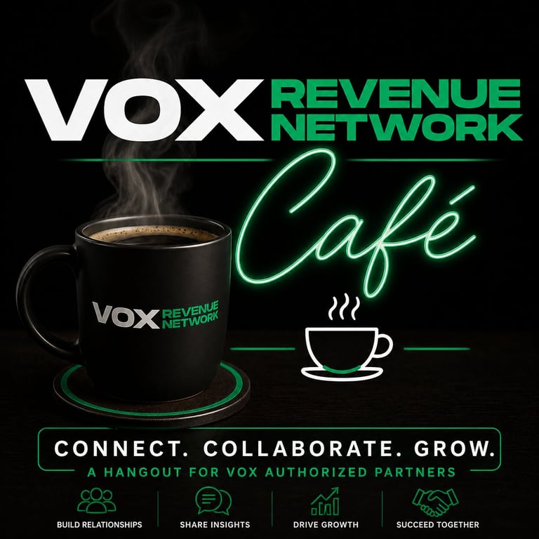 VOX Revenue Network Cafe promotional graphic featuring a steaming coffee mug with neon cafe sign and Connect, Collaborate, Grow tagline for authorized partners