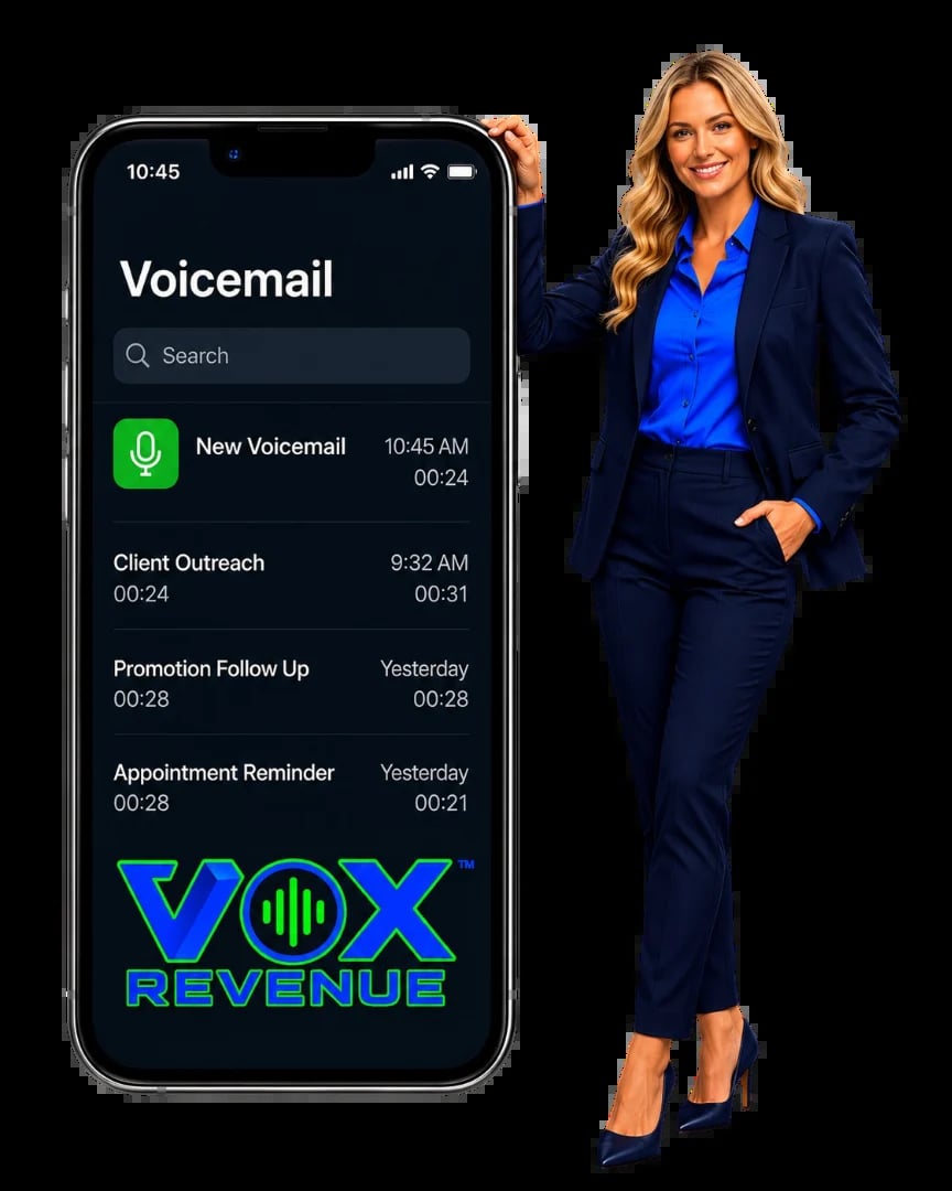 Smartphone displaying voicemail app with multiple messages and a professional woman in navy blazer standing beside it