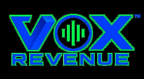 Vox Revenue logo with blue and green neon styling and sound wave icon