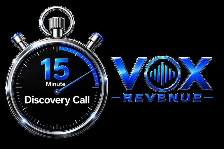 Stopwatch showing 15 Minute Discovery Call next to VOX Revenue logo with blue neon styling