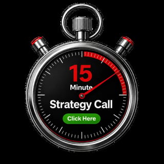 Chrome stopwatch with red accents showing 15-minute strategy call prompt with green click here button