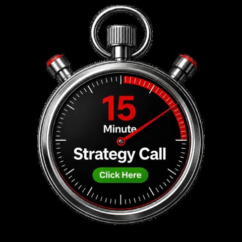 Chrome stopwatch with red accents showing 15-minute strategy call prompt with green click here button