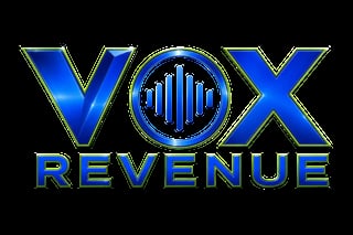 Vox Revenue logo with blue metallic letters and a circular sound wave icon in the center