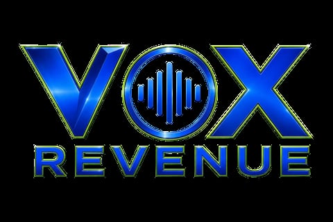 Vox Revenue logo with blue metallic letters and a circular sound wave icon in the center