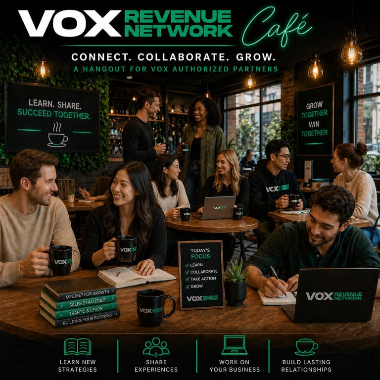 Vox Revenue Network Cafe promotional image showing diverse professionals networking, collaborating, and working in a modern cafe setting with branded merchandise and laptops