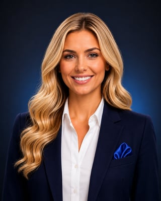 Professional headshot of a smiling woman with long blonde wavy hair wearing a dark blazer and white blouse against a blue background.
