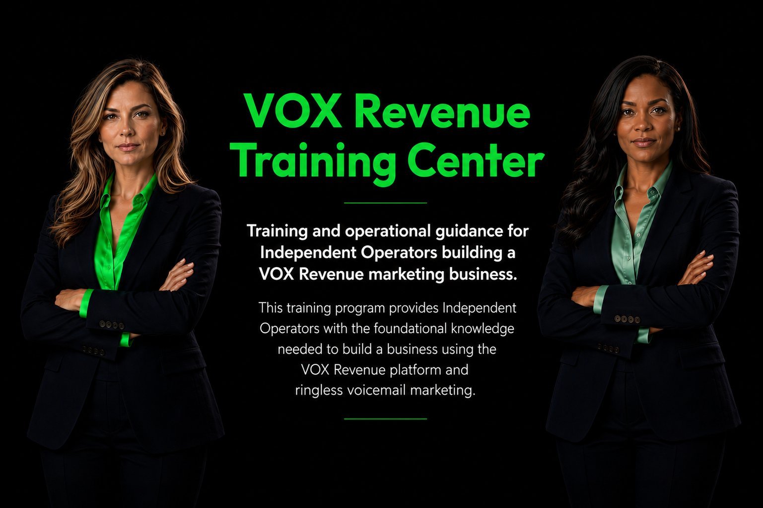 VOX Revenue Training Center promotional image featuring two professional women with text describing training and operational guidance for Independent Operators.