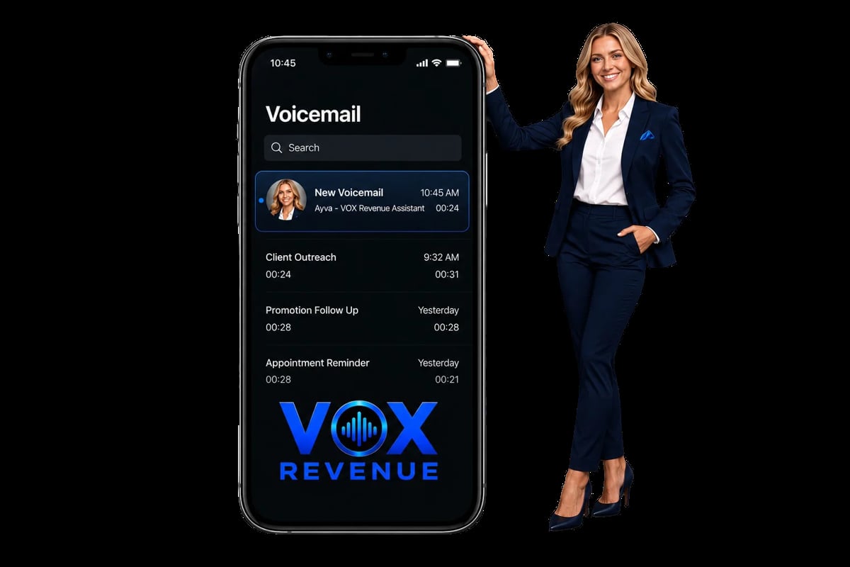 Voicemail app interface on smartphone displayed next to professional woman in blue business suit on black background
